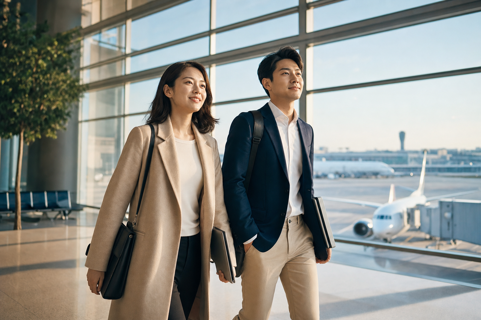 A young Korean couple stands together at an airport with their luggage, ready to travel.