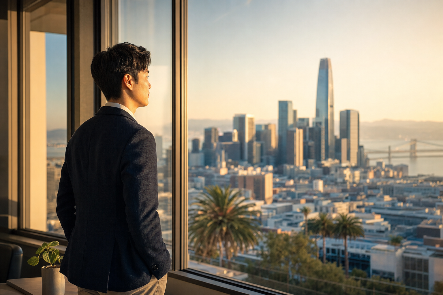 A young professional looks out at the San Francisco skyline, contemplating a career abroad.